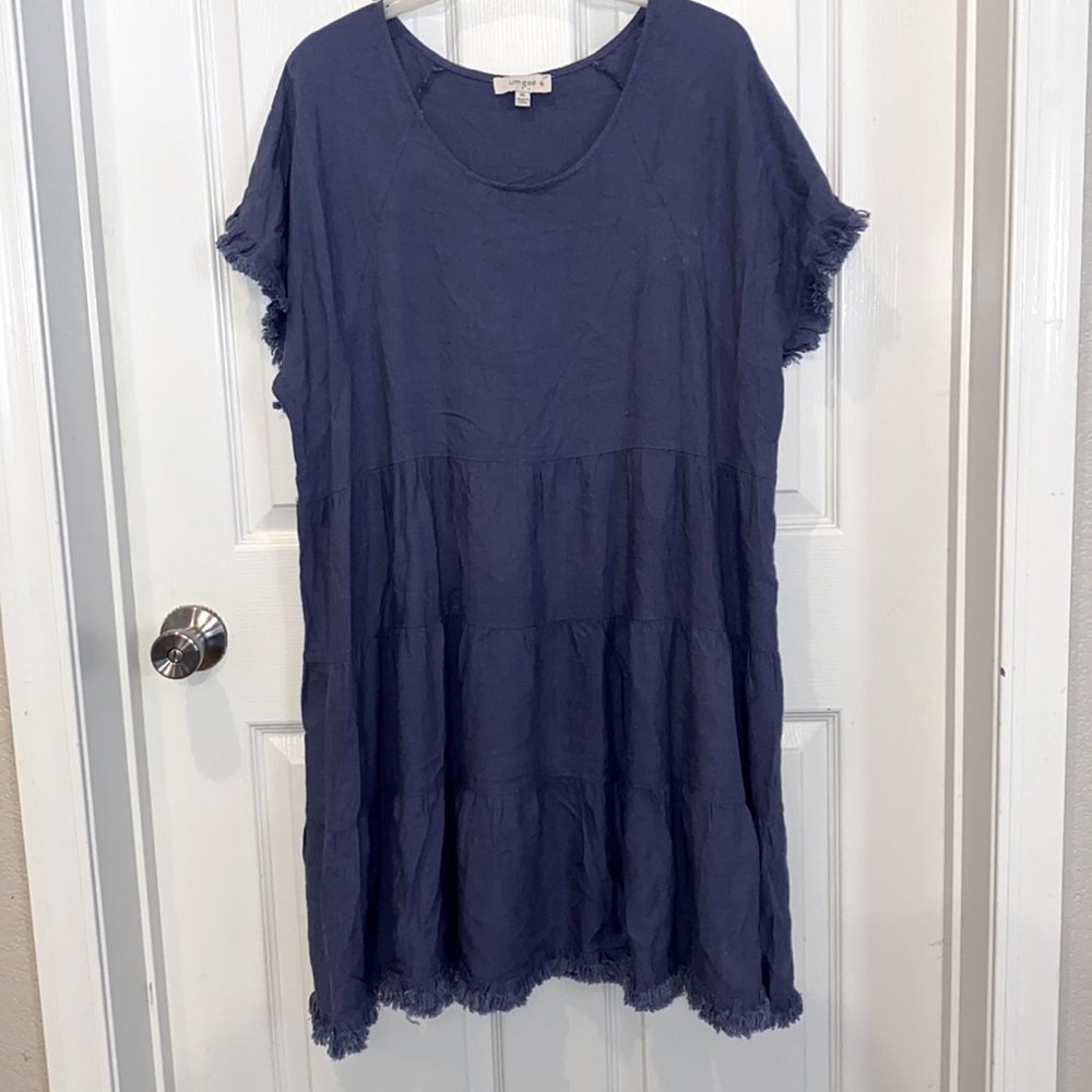 umgee plus size blue tier swing dress with raw hem